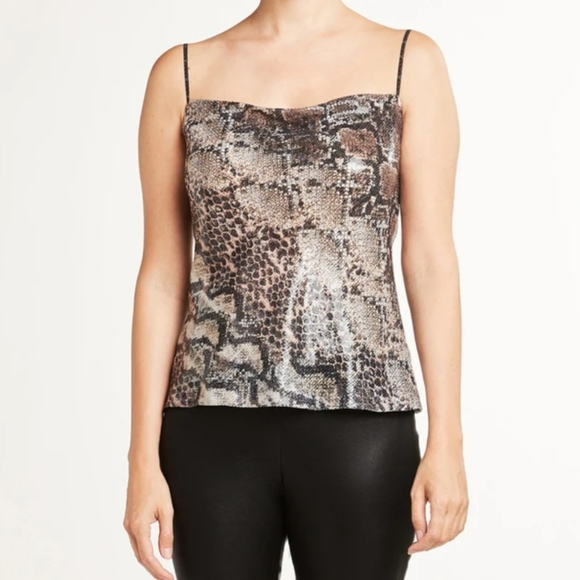 Elie Tahari Blouse Sleeveless Sequin Snake Print Draped Neck Truffle Black L NWT - Picture 3 of 16